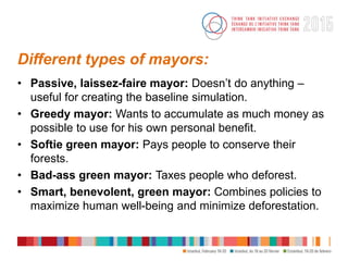Different types of mayors:
• Passive, laissez-faire mayor: Doesn’t do anything –
useful for creating the baseline simulati...