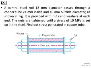 EX:4
• A central steel rod 18 mm diameter passes through a
  copper tube 24 mm inside and 40 mm outside diameter, as
  shown in Fig. It is provided with nuts and washers at each
  end. The nuts are tightened until a stress of 10 MPa is set
  up in the steel. Find out stress generated in copper tube.




                                                             Hint: Ps=Pc
                                                       σs × As = σc × Ac
 
