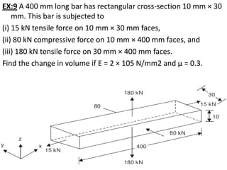 EX:9 A 400 mm long bar has rectangular cross-section 10 mm × 30
    mm. This bar is subjected to
(i) 15 kN tensile force on 10 mm × 30 mm faces,
(ii) 80 kN compressive force on 10 mm × 400 mm faces, and
(iii) 180 kN tensile force on 30 mm × 400 mm faces.
Find the change in volume if E = 2 × 105 N/mm2 and μ = 0.3.




                                                           43
 