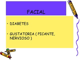 FACIAL
• DIABETES
• GUSTATORIA ( PICANTE,
NERVIOSO )
 