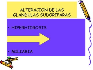 ALTERACION DE LAS
GLANDULAS SUDORIPARAS
• HIPERHIDROSIS
• ANHIDROSIS
• MILIARIA
 