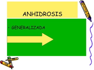 ANHIDROSIS
• GENERALIZADA
• LOCALIZADA
 
