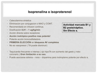 • Catecolamina sintetica
• Eliminacion por conjugacion o MAO y COMT.
• Recomendada en infusion continua.
• Dosificación 0,01 – 1 ug/kg/min
• Acción directa sobre receptores
• Acción inotrópica positiva mas potente!
• Potente acción broncodilatadora
• PRIMERA ELECCIÓN en bloqueos AV completos
• No es vasopresor ( TA puede disminuir)
• Taquicardia frecuente e intensa ( ojo hipoTA con aumento del gasto y robo
coronario.) Gran limitación a su uso.
• Puede asociarse adrena – nora – dopamina para inotropismo potente por efecto a.
Isoprenalina o isoproterenol
Actividad marcada B1 y
B2 postsináptico.
Sin Efecto a.
 