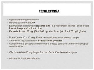 • Agente adrenérgico sintético
• Metabolización vía MAO
• Estimulación exclusiva receptores alfa -1. ( vasopresor intenso) debil efecto
inotrópico por a1 miocárdico.
• EV en bolo de 100 ug. (50 a 200 ug) - Inf Cont ( 0,15 a 0,75 ug/kg/min)
• Duración de 30 – 40 seg. Evitar reinyecciones antes de ese tiempo.
• Sin efecto Taquicardizante. Bradicardias posibles.
• Aumento de la poscarga incrementa el trabajo cardíaco sin efecto inotrópico
compensador
• Efecto máximo 45 seg luego Bolo ev. Duración 3 minutos aprox.
• Mismas indicaciones efedrina.
FENILEFRINA
 