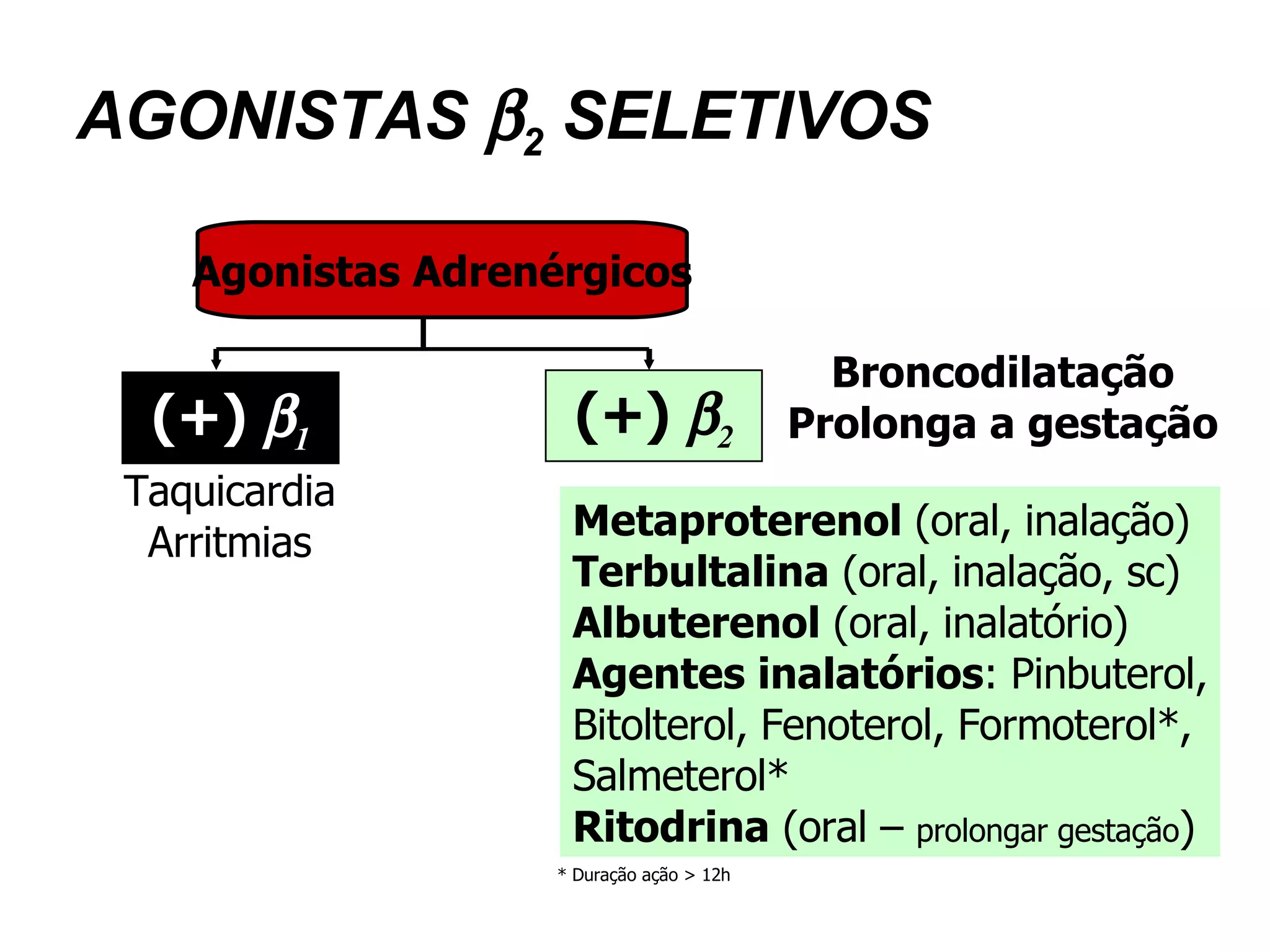 AGONISTAS   2  SELETIVOS Agonistas Adrenérgicos (+)   1 (+)   2 Taquicardia Arritmias Broncodilatação Prolonga a gestação Metaproterenol  (oral, inalação) Terbultalina  (oral, inalação, sc) Albuterenol  (oral, inalatório) Agentes inalatórios : Pinbuterol, Bitolterol, Fenoterol, Formoterol*,  Salmeterol*  Ritodrina  (oral –  prolongar gestação ) * Duração ação > 12h 