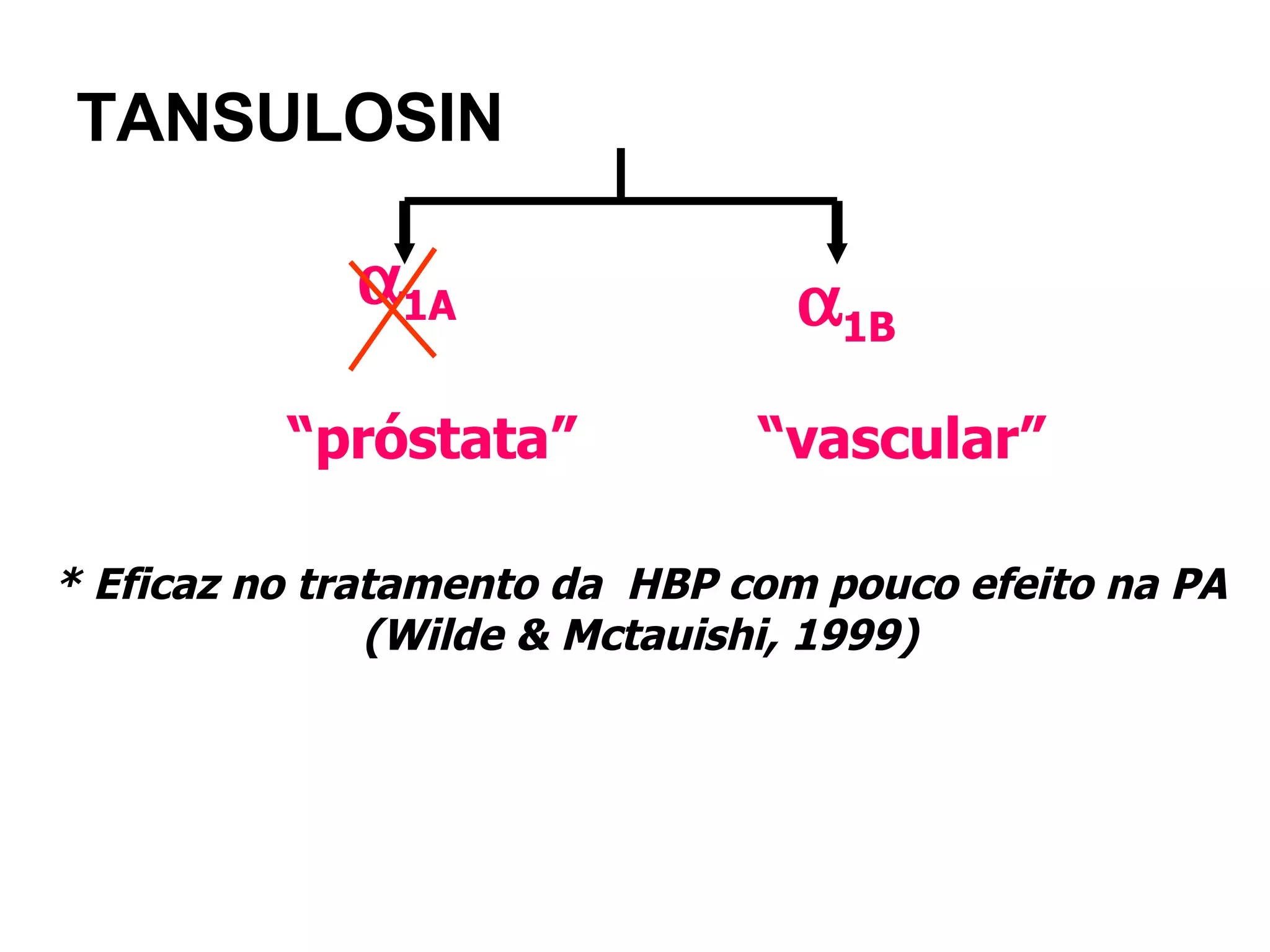TANSULOSIN  1A  1B * Eficaz no tratamento da  HBP com pouco efeito na PA (Wilde & Mctauishi, 1999) “ próstata” “ vascular” 