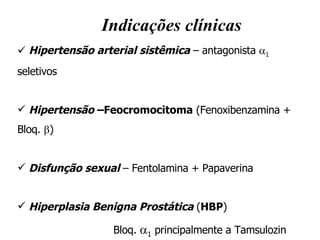 Indicações clínicas Hipertensão arterial sistêmica   – antagonista   1  seletivos Hipertensão  –Feocromocitoma  (Fenoxibenzamina + Bloq.   ) Disfunção sexual  – Fentolamina + Papaverina Hiperplasia Benigna Prostática  ( HBP )  Bloq.   1  principalmente a Tamsulozin 