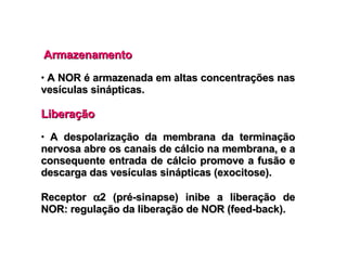 Armazenamento A NOR é armazenada em altas concentrações nas vesículas sinápticas. Liberação A despolarização da membrana da terminação nervosa abre os canais de cálcio na membrana, e a consequente entrada de cálcio promove a fusão e descarga das vesículas sinápticas (exocitose). Receptor   2 (pré-sinapse) inibe a liberação de NOR: regulação da liberação de NOR (feed-back). 
