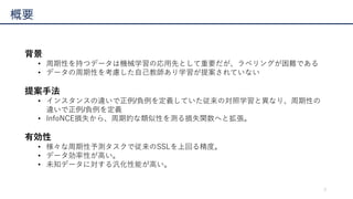 3
概要
背景
• 周期性を持つデータは機械学習の応用先として重要だが、ラベリングが困難である
• データの周期性を考慮した自己教師あり学習が提案されていない
提案手法
• インスタンスの違いで正例/負例を定義していた従来の対照学習と異なり、周...