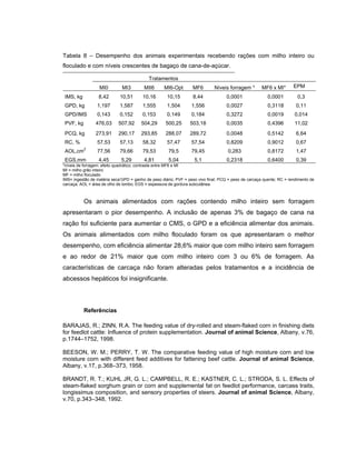 Tabela 8 – Desempenho dos animais experimentais recebendo rações com milho inteiro ou
floculado e com níveis crescentes de bagaço de cana-de-açúcar.

                                            Tratamentos
                  MI0         MI3        MII6       MI6-Opt       MF6        Níveis forragem *        MF6 x MI*       EPM

 IMS, kg          8,42       10,51      10,16        10,15        8,44              0,0001               0,0001         0,3
 GPD, kg         1,197       1,587      1,555        1,504        1,556             0,0027               0,3118        0,11
 GPD/IMS         0,143       0,152      0,153        0,149        0,184             0,3272               0,0019       0,014
 PVF, kg        476,03      507,92      504,29      500,25       503,18             0,0035               0,4396       11,02
 PCQ, kg        273,91      290,17      293,85      288,07       289,72             0,0048               0,5142        6,64
 RC, %           57,53       57,13      58,32        57,47        57,54             0,8209               0,9012        0,67
           2
 AOL,cm          77,56       79,66      79,53         79,5        79,45             0,283                0,8172        1,47
 EGS,mm           4,45        5,29       4,81         5,04         5,1              0,2318               0,6400        0,39
*níveis de forragem: efeito quadrático; contraste entre MF6 e MI
MI = milho grão inteiro
MF = milho floculado
IMS= ingestão de matéria seca’GPD = ganho de peso diário; PVF = peso vivo final; PCQ = peso de carcaça quente; RC = rendimento de
carcaça; AOL = área de olho de lombo; EGS = espessura de gordura subcutânea.



           Os animais alimentados com rações contendo milho inteiro sem forragem
apresentaram o pior desempenho. A inclusão de apenas 3% de bagaço de cana na
ração foi suficiente para aumentar o CMS, o GPD e a eficiência alimentar dos animais.
Os animais alimentados com milho floculado foram os que apresentaram o melhor
desempenho, com eficiência alimentar 28,6% maior que com milho inteiro sem forragem
e ao redor de 21% maior que com milho inteiro com 3 ou 6% de forragem. As
características de carcaça não foram alteradas pelos tratamentos e a incidência de
abcessos hepáticos foi insignificante.



           Referências

BARAJAS, R.; ZINN, R.A. The feeding value of dry-rolled and steam-flaked corn in finishing diets
for feedlot cattle: Influence of protein supplementation. Journal of animal Science, Albany, v.76,
p.1744–1752, 1998.

BEESON, W. M.; PERRY, T. W. The comparative feeding value of high moisture corn and low
moisture corn with different feed additives for fattening beef cattle. Journal of animal Science,
Albany, v.17, p.368–373, 1958.

BRANDT, R. T.; KUHL JR, G. L.; CAMPBELL, R. E.; KASTNER, C. L.; STRODA, S. L. Effects of
steam-flaked sorghum grain or corn and supplemental fat on feedlot performance, carcass traits,
longissimus composition, and sensory properties of steers. Journal of animal Science, Albany,
v.70, p.343–348, 1992.
 