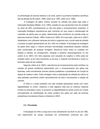 na alimentação de bovinos leiteiros e de corte, porém os primeiros trabalhos científicos
são da década de 90 (Jobim, 1996; Jobim et al. 1997; Jobim et al. 1999).
        A ensilagem de grãos úmidos consiste na colheita dos grãos logo após a
maturação fisiológica (Mader, et al. 1983), ocasião em que apresentam teor de umidade
ao redor de 28%, processamento ou não dos grãos e armazenamento anaeróbio. A
maturação fisiológica caracteriza-se pelo momento em que cessa a translocação de
nutrientes da planta para os grãos, determinado pela ocorrência da camada preta na
base dos mesmos (Toledo, 1980 e Costa et al. 2002). Por outro lado, Jobim et al. (2001)
trabalharam com cultivares nacionais de milho e sugeriram que o ponto ideal de colheita
é quando os grãos apresentarem de 32 a 35% de umidade. A tecnologia de ensilagem
de grãos deve seguir o mesmo princípio (fermentação anaeróbica) daquela utilizada
para conservação de qualquer forrageira. Devem-se tomar todos os cuidados em
relação à colheita, ao carregamento, vedação e posterior descarregamento no silo
(Jobim et al. 2001). Em silos especiais com exaustão do oxigênio o milho pode ser
ensilado inteiro, já em silos trincheiras ou de lona, o material normalmente é moído ou
laminado antes de ser ensilado.
       Segundo Jobim et al. (2001), esta técnica de armazenamento pode contribuir na
solução de graves problemas relacionados com o armazenamento dos grãos nas
fazendas, onde normalmente ocorrem perdas qualitativas e quantitativas em função do
ataque de insetos e ratos. Outra vantagem seria a antecipação da retirada da cultura na
área plantada, permitindo melhor aproveitamento da área e favorecendo a rotação de
culturas.
       O milho e o sorgo ensilados com alta umidade apresentam amido com maior
digestibilidade no rúmen, intestinos e trato digestivo total que os mesmos materiais
moídos ou laminados a seco. O aumento na digestibilidade do amido ocorre em virtude
principalmente da solubilização da matriz protéica dos grãos por ação de enzimas
proteolíticas microbianas (Owens e Soderlund, 2007).




       3.3 - Floculação


       A floculação de milho e sorgo teve início oficialmente nos EUA no ano de 1962,
com experimento de campo conduzido em confinamento comercial por John
 