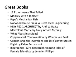 Great Books 
• 11 Experiments That Failed 
• Monkey with a Toolbelt 
• Papa’s Mechanical Fish 
• Norwood House Press A Great Idea: Engineering 
• IGGY PECK, ARCHITECT by Andrea Beaty 
• Marvelous Mattie by Emily Arnold McCully 
• What Floats in a Moat? 
• Coppernickel, The Invention by Wouter van Reek 
• Captain Arsenio: Inventions and (Mis)adventures in 
Flight by Pablo Bernasconi 
• Biographies! Girls Research! Amazing Tales of 
Female Scientists by Jennifer Phillips 
 