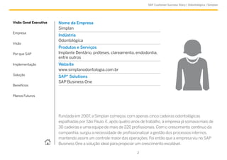 SAP Customer Success Story | Odontológica | Simplan




Visão Geral Executiva   Nome da Empresa
                        Simplan
Empresa
                        Indústria
                        Odontológica
Visão
                        Produtos e Serviços
Por que SAP             Implante Dentário, próteses, clareamento, endodontia,
                        entre outros
Implementação           Website
                        www.simplanodontologia.com.br
Solução
                        SAP® Solutions
                        SAP Business One
Benefícios


Planos Futuros




                        Fundada em 2007, a Simplan começou com apenas cinco cadeiras odontológicas
                        espalhadas por São Paulo. E, após quatro anos de trabalho, a empresa já somava mais de
                        30 cadeiras e uma equipe de mais de 220 profissionais. Com o crescimento contínuo da
                        companhia, surgiu a necessidade de profissionalizar a gestão dos processos internos,
                        mantendo assim um controle maior das operações. Foi então que a empresa viu no SAP
                        Business One a solução ideal para propiciar um crescimento escalável.

                                                                   2
 