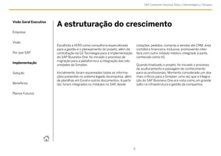 SAP Customer Success Story | Odontológica | Simplan




Visão Geral Executiva
                        A estruturação do crescimento
Empresa


Visão
                        Escolhida a VERX como consultoria especializada           cotações, pedidos, compras e vendas até CRM, área
                        para a gestão e o planejamento do projeto, além da        contábil e financeira. Inclusive, promovendo inter-
Por que SAP             contratação da G2 Tecnologia para a implementação         face com outro módulo médico, integrado à parte,
                        do SAP Business One, foi iniciado o processo de           conhecido como H1.
                        migração para a plataforma e a integração das oito
Implementação
                        unidades da Simplan.                                      Quando finalizado o projeto, foi iniciado o processo
                                                                                  de aculturamento e passagem de conhecimento
Solução                 Inicialmente, foram escaneadas todas as informa-          para os profissionais. Momento considerado um dos
                        ções presentes no sistema legado da empresa, além         mais críticos para a Simplan, uma vez que a integra-
                        de planilhas em Excel e outros documentos. A partir       ção do SAP Business One era vista como um grande
Benefícios              daí, foram integrados os módulos no SAP, desde            salto na infraestrutura e gestão da companhia.

Planos Futuros




                                                                              6
 