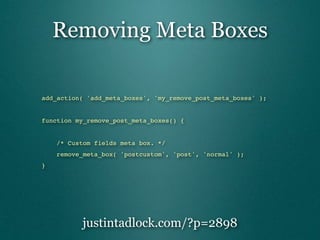 Removing Meta Boxes

add_action( 'add_meta_boxes', 'my_remove_post_meta_boxes' );


function my_remove_post_meta_boxes() {


"   /* Custom fields meta box. */
"   remove_meta_box( 'postcustom', 'post', 'normal' );
}




          justintadlock.com/?p=2898
 