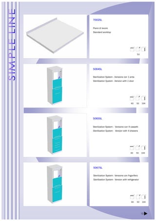 60 50 194 
13 
7002SL 
Piano di lavoro 
Standard worktop 
5064SL 
Sterilization System - Versione con 1 anta 
Sterilization System - Version with 1 door 
5065SL 
53 
Sterilization System - Versione con 4 cassetti 
Sterilization System - Version with 4 drawers 
60 50 194 
5067SL 
Sterilization System - Versione con frigorifero 
Sterilization System - Version with refrigerator 
60 50 194 
 