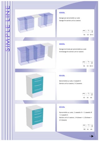 56 53 90+3 
58 53 90+3 
50 50 83 
14 
6000SL 
Garage per servomobile su ruote 
Garage for service unit on castors 
6900SL 
Garage terminale per servomobile su ruote 
End-Garage for service unit on castors 
6010SL 
Servomobile su ruote, 3 cassetti C 
Service unit on castors, 3 C-drawers 
6014SL 
Servomobile su ruote, 1 cassetto A + 1 cassetto B 
+ 2 cassetti C 
Service unit on castors, 1 A-drawer + 1 B-drawer + 
2 C-drawers 
50 50 83 
 