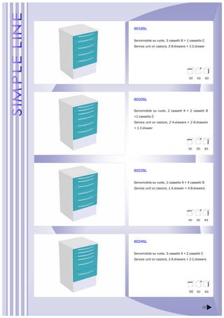 50 50 83 
50 50 83 
50 50 83 
15 
6016SL 
Servomobile su ruote, 3 cassetti B + 1 cassetto C 
Service unit on castors, 3 B-drawers + 1 C-drawer 
6020SL 
Servomobile su ruote, 2 cassetti A + 2 cassetti B 
+1 cassetto C 
Service unit on castors, 2 A-drawers + 2 B-drawers 
+ 1 C-drawer 
6022SL 
Servomobile su ruote, 1 cassetto A + 4 cassetti B 
Service unit on castors, 1 A-drawer + 4 B-drawers 
6024SL 
Servomobile su ruote, 3 cassetti A + 2 cassetti C 
Service unit on castors, 3 A-drawers + 2 C-drawers 
50 50 83 
 