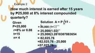 Example 2
How much interest is earned after 15 years
by 25,000 at 8% interest compounded
₱
quarterly?
Given
P=25,000
r=8% or 0.08
t=15
n= 4
Solution A = P (1+ -
)
r
n
nt
= 25,000 (1+ -
0.08
4 )
(4)(15)
= 25,000(1.02)
(60)
= 25,000(3.2810307883654
= 82,025.76
=82,025.76 - 25,000
=57,025.76
 