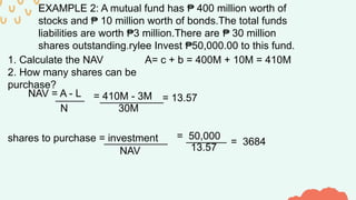 EXAMPLE 2: A mutual fund has 400 million worth of
₱
stocks and 10 million worth of bonds.The total funds
₱
liabilities are worth 3 million.There are 30 million
₱ ₱
shares outstanding.rylee Invest 50,000.00 to this fund.
₱
1. Calculate the NAV
2. How many shares can be
purchase?
A= c + b = 400M + 10M = 410M
NAV = A - L
_____
N
= 410M - 3M
___________
30M
= 13.57
shares to purchase = investment
___________
NAV
= 50,000
_______
13.57
= 3684
 