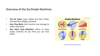 Overview of the Six Simple Machines
• The Six Types: Lever, Wheel and Axle, Pulley,
Inclined Plane, Wedge, and Screw.
• How They Work: Each machine uses leverage to
make a task easier.
• Your Most Used Machine?: Which of these
simple machines do you think you use most
often?
Generated on AIDOCMAKER.COM (Image Credit)
 