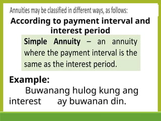 According to payment interval and
interest period
Example:
Buwanang hulog kung ang
interest ay buwanan din.
 
