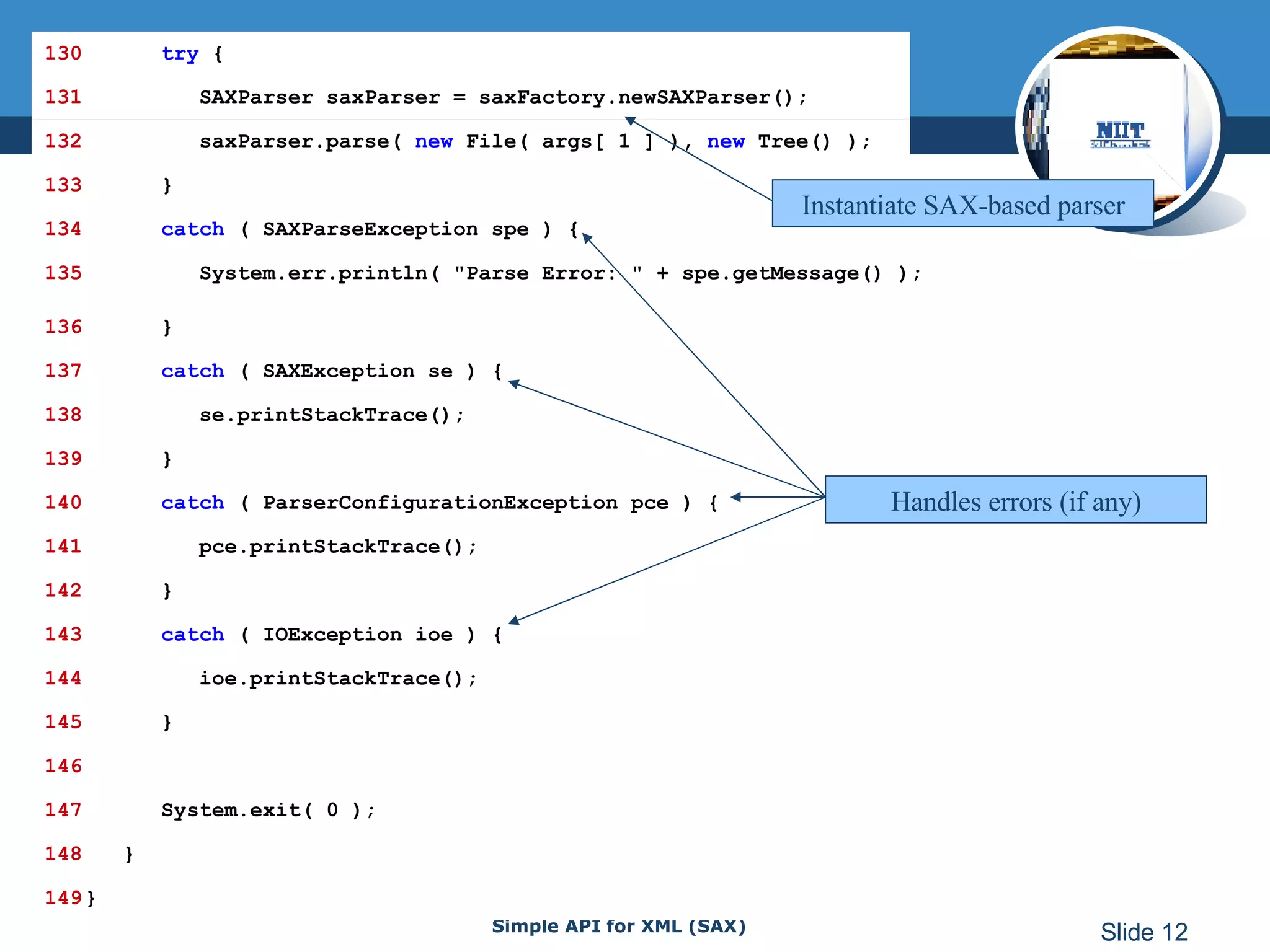 130   try  { 131   SAXParser saxParser = saxFactory.newSAXParser(); 132   saxParser.parse(  new  File( args[ 1 ] ),  new  Tree() ); 133   } 134   catch  ( SAXParseException spe ) { 135   System.err.println( &quot;Parse Error: &quot; + spe.getMessage() ); 136   } 137   catch  ( SAXException se ) { 138   se.printStackTrace(); 139   } 140   catch  ( ParserConfigurationException pce ) { 141   pce.printStackTrace(); 142   } 143   catch  ( IOException ioe ) { 144   ioe.printStackTrace(); 145   } 146 147   System.exit( 0 ); 148   } 149 } Instantiate SAX-based parser Handles errors (if any) 