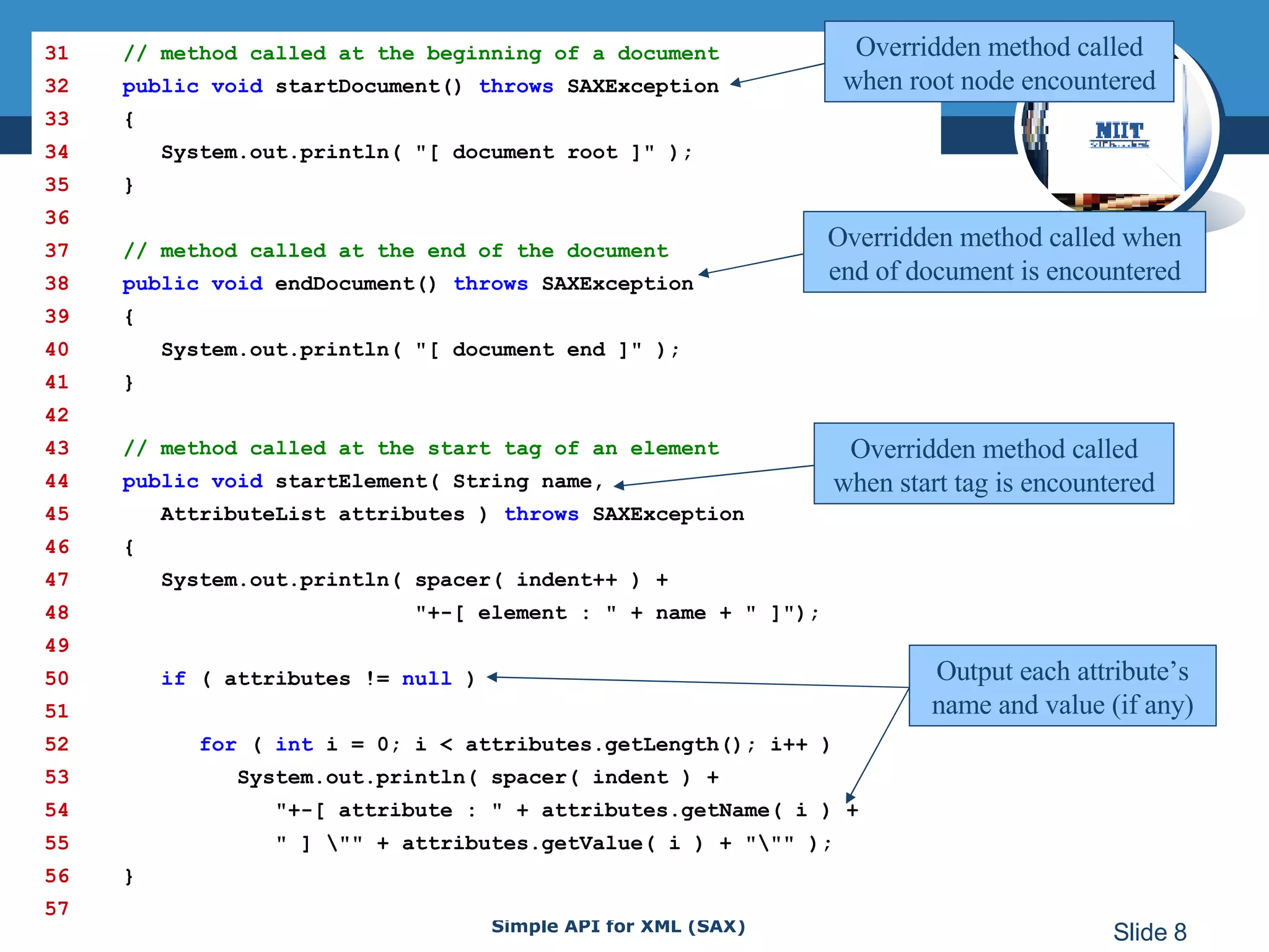 31   // method called at the beginning of a document 32   public void  startDocument()  throws  SAXException 33   { 34   System.out.println( &quot;[ document root ]&quot; ); 35   } 36 37   // method called at the end of the document 38   public void  endDocument()  throws  SAXException 39   { 40   System.out.println( &quot;[ document end ]&quot; ); 41   } 42 43   // method called at the start tag of an element 44   public void  startElement( String name, 45   AttributeList attributes )  throws  SAXException 46   { 47   System.out.println( spacer( indent++ ) + 48   &quot;+-[ element : &quot; + name + &quot; ]&quot;); 49 50   if  ( attributes !=  null  ) 51 52   for  (  int  i = 0; i < attributes.getLength(); i++ ) 53   System.out.println( spacer( indent ) + 54   &quot;+-[ attribute : &quot; + attributes.getName( i ) + 55   &quot; ] \&quot;&quot; + attributes.getValue( i ) + &quot;\&quot;&quot; ); 56   } 57 Overridden method called when root node encountered Overridden method called when end of document is encountered Overridden method called when start tag is encountered Output each attribute’s name and value (if any) 