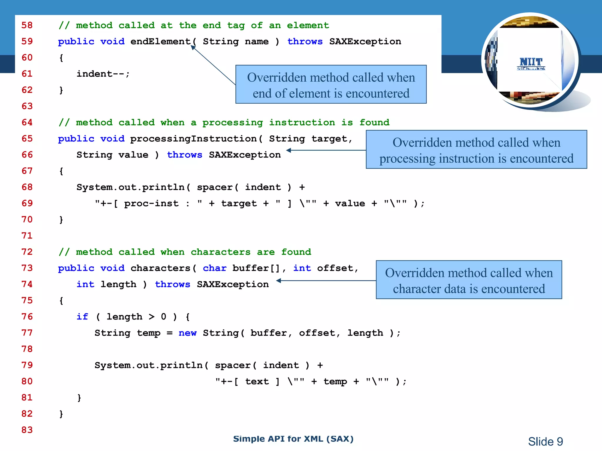 58   // method called at the end tag of an element 59   public void  endElement( String name )  throws  SAXException 60   { 61   indent--; 62   } 63 64   // method called when a processing instruction is found 65   public void  processingInstruction( String target, 66   String value )  throws  SAXException 67   { 68   System.out.println( spacer( indent ) + 69   &quot;+-[ proc-inst : &quot; + target + &quot; ] \&quot;&quot; + value + &quot;\&quot;&quot; ); 70   } 71 72   // method called when characters are found 73   public void  characters(  char  buffer[],  int  offset, 74   int  length )  throws  SAXException 75   { 76   if  ( length > 0 ) { 77   String temp =  new  String( buffer, offset, length ); 78 79   System.out.println( spacer( indent ) + 80   &quot;+-[ text ] \&quot;&quot; + temp + &quot;\&quot;&quot; ); 81   } 82   } 83 Overridden method called when end of element is encountered Overridden method called when processing instruction is encountered Overridden method called when character data is encountered 