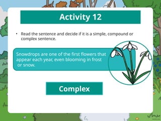 Activity 12
• Read the sentence and decide if it is a simple, compound or
complex sentence.
Snowdrops are one of the first flowers that
appear each year, even blooming in frost
or snow.
Complex
 