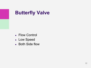 22
Butterfly Valve
● Flow Control
● Low Speed
● Both Side flow
 