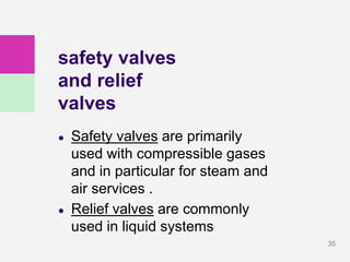 35
safety valves
and relief
valves
● Safety valves are primarily
used with compressible gases
and in particular for steam and
air services .
● Relief valves are commonly
used in liquid systems
 