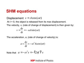 SHM equations
Displacement
At t = 0, the object is released from its max displacement.
The velocity, v, (rate of change of displacement) is then given by:
The acceleration, a, (rate of change of velocity) is:
Note that
)
(
cos t
A
s 

)
(
sin
d
d
t
A
t
s
v 




  s
f
s
a
2
2
2
 



 