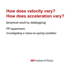 How does velocity vary?
How does acceleration vary?
[empirical result by datalogging]
PP experiment:
Investigating a mass-on-spring oscillator
 