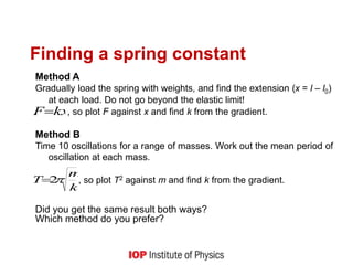 Finding a spring constant
Method A
Gradually load the spring with weights, and find the extension (x = l – l0)
at each load. Do not go beyond the elastic limit!
, so plot F against x and find k from the gradient.
Method B
Time 10 oscillations for a range of masses. Work out the mean period of
oscillation at each mass.
, so plot T2 against m and find k from the gradient.
Did you get the same result both ways?
Which method do you prefer?
k
m
T 
2

kx
F
 