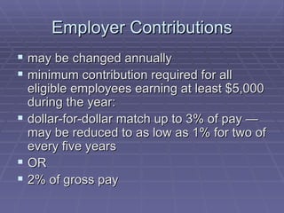 Employer Contributions may be changed annually  minimum contribution required for all eligible employees earning at least $5,000 during the year:  dollar-for-dollar match up to 3% of pay — may be reduced to as low as 1% for two of every five years  OR  2% of gross pay 