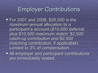 Employer Contributions For 2007 and 2008, $26,000 is the maximum annual allocation to a participant’s account ($10,500 deferral, plus $10,500 maximum match; $2,500 catch-up contribution and $2,500 matching contribution, if applicable). Limited to 3% of compensation. All employer and participant contributions are immediately vested. 