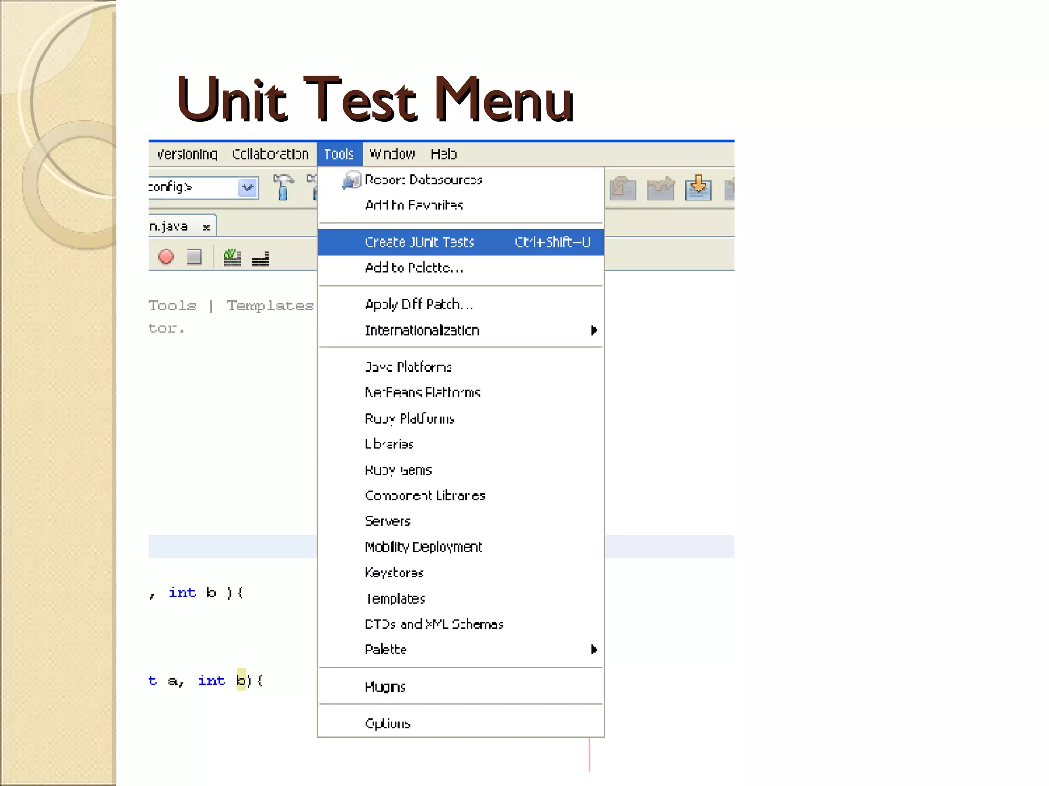 Unit Test Menu 