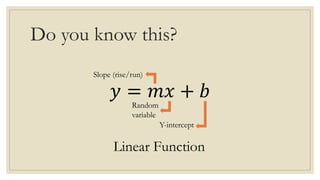 Do you know this?
𝑦 = 𝑚𝑥 + 𝑏
Slope (rise/run)
Random
variable
Y-intercept
Linear Function
 