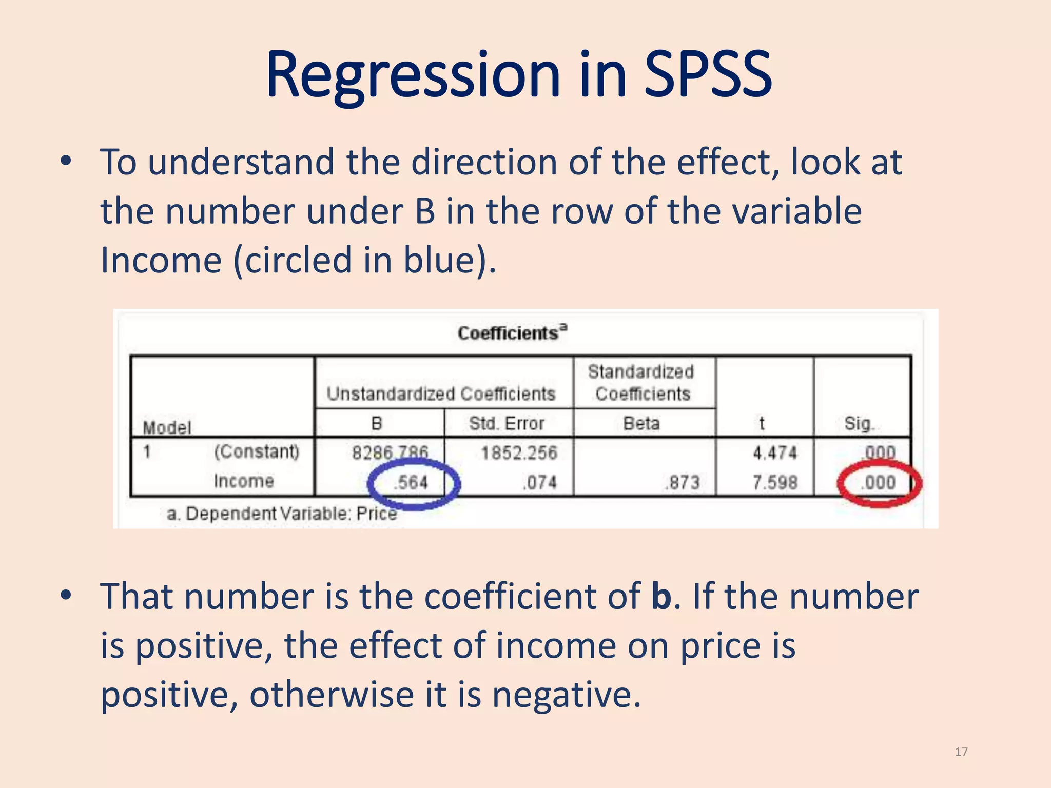 Regression in SPSS
17
• To understand the direction of the effect, look at
the number under B in the row of the variable
Income (circled in blue).
• That number is the coefficient of b. If the number
is positive, the effect of income on price is
positive, otherwise it is negative.
 