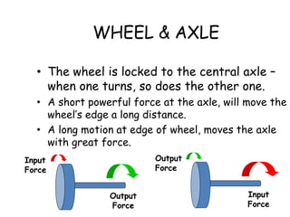 WHEEL & AXLE
• The wheel is locked to the central axle –
when one turns, so does the other one.
• A short powerful force at the axle, will move the
wheel’s edge a long distance.
• A long motion at edge of wheel, moves the axle
with great force.
Input
Force
Output
Force
Output
Force
Input
Force
 