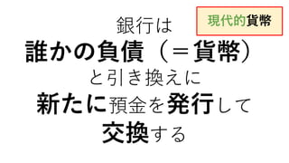 銀行は
誰かの負債（＝貨幣）
と引き換えに
新たに預金を発行して
交換する
現代的貨幣
 