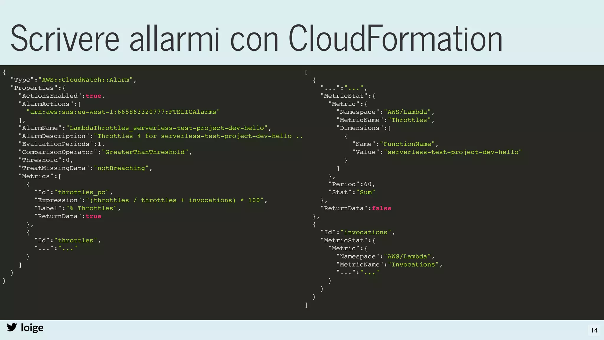 Scrivere allarmi con CloudFormation
loige
{
"Type":"AWS::CloudWatch::Alarm",
"Properties":{
"ActionsEnabled":true,
"AlarmActions":[
"arn:aws:sns:eu-west-1:665863320777:FTSLICAlarms"
],
"AlarmName":"LambdaThrottles_serverless-test-project-dev-hello",
"AlarmDescription":"Throttles % for serverless-test-project-dev-hello ..
"EvaluationPeriods":1,
"ComparisonOperator":"GreaterThanThreshold",
"Threshold":0,
"TreatMissingData":"notBreaching",
"Metrics":[
{
"Id":"throttles_pc",
"Expression":"(throttles / throttles + invocations) * 100",
"Label":"% Throttles",
"ReturnData":true
},
{
"Id":"throttles",
"...":"..."
}
]
}
}
[
{
"...":"...",
"MetricStat":{
"Metric":{
"Namespace":"AWS/Lambda",
"MetricName":"Throttles",
"Dimensions":[
{
"Name":"FunctionName",
"Value":"serverless-test-project-dev-hello"
}
]
},
"Period":60,
"Stat":"Sum"
},
"ReturnData":false
},
{
"Id":"invocations",
"MetricStat":{
"Metric":{
"Namespace":"AWS/Lambda",
"MetricName":"Invocations",
"...":"..."
}
}
}
]
14
 