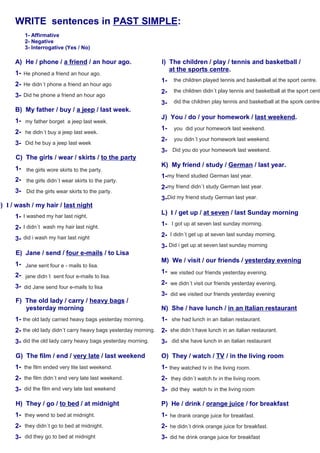 WRITE sentences in PAST SIMPLE:
1- Affirmative
2- Negative
3- Interrogative (Yes / No)
A) He / phone / a friend / an hour ago.
1-
2-
3-
B) My father / buy / a jeep / last week.
1-
2-
3-
C) The girls / wear / skirts / to the party
1-
2-
3-
D) I / wash / my hair / last night
1-
2-
3-
E) Jane / send / four e-mails / to Lisa
1-
2-
3-
F) The old lady / carry / heavy bags /
yesterday morning
1-
2-
3-
G) The film / end / very late / last weekend
1-
2-
3-
H) They / go / to bed / at midnight
1-
2-
3-
I) The children / play / tennis and basketball /
at the sports centre.
1-
2-
3-
J) You / do / your homework / last weekend.
1-
2-
3-
K) My friend / study / German / last year.
1-
2-
3-
L) I / get up / at seven / last Sunday morning
1-
2-
3-
M) We / visit / our friends / yesterday evening
1-
2-
3-
N) She / have lunch / in an Italian restaurant
1-
2-
3-
O) They / watch / TV / in the living room
1-
2-
3-
P) He / drink / orange juice / for breakfast
1-
2-
3-
the children played tennis and basketball at the sport centre.
the children didn´t play tennis and basketball at the sport centr
did the children play tennis and basketball at the spork centre.
He phoned a friend an hour ago.
He didn´t phone a friend an hour ago
Did he phone a friend an hour ago
my father borget a jeep last week.
he didn´t buy a jeep last week.
Did he buy a jeep last week
the girls wore skirts to the party.
the girls didn´t wear skirts to the party.
Did the girls wear skirts to the party.
you did your homework last weekend.
you didn´t your homework last weekend.
Did you do your homework last weekend.
my friend studied German last year.
my friend didn´t study German last year.
Did my friend study German last year.
I got up at seven last sunday morning.
I didn´t get up at seven last sunday morning.
Did i get up at seven last sunday morning
I washed my har last night.
I didn´t wash my hair last night.
did i wash my hair last night
Jane sent four e - mails to lisa.
jane didn´t sent four e-mails to lisa.
did Jane send four e-mails to lisa
the old lady carried heavy bags yesterday morning.
the old lady didn´t carry heavy bags yesterday morning.
did the old lady carry heavy bags yesterday morning.
we visited our friends yesterday evening.
we didn´t visit our friends yesterday evening.
did we visited our friends yesterday evening
she had lunch in an italian restaurant.
she didn´t have lunch in an italian restaurant.
did she have lunch in an italian restaurant
they watched tv in the living room.
they didn´t watch tv in the living room.
did they watch tv in the living room
he drank orange juice for breakfast.
he didn´t drink orange juice for breakfast.
did he drink orange juice for breakfast
the film ended very lite last weekend.
the film didn´t end very late last weekend.
did the film end very late last weekend
they wend to bed at midnight.
they didn´t go to bed at midnight.
did they go to bed at midnight
 