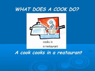 WHAT DOES A COOK DO?




A cook cooks in a reataurant
 