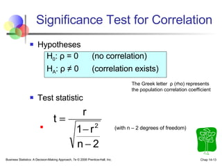Significance Test for Correlation Hypotheses  H 0 :  ρ  = 0  (no correlation)  H A :  ρ   ≠  0  (correlation exists) Test statistic   (with n – 2 degrees of freedom) Business Statistics: A Decision-Making Approach, 7e © 2008 Prentice-Hall, Inc. Chap 14- The Greek letter  ρ  (rho) represents the population correlation coefficient 