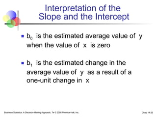 b 0   is the estimated average value of  y when the value of  x  is zero b 1   is the estimated change in the average value of  y  as a result of a one-unit change in  x Interpretation of the  Slope and the Intercept Business Statistics: A Decision-Making Approach, 7e © 2008 Prentice-Hall, Inc. Chap 14- 
