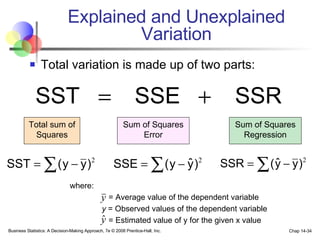 Explained and Unexplained Variation Total variation is made up of two parts: Business Statistics: A Decision-Making Approach, 7e © 2008 Prentice-Hall, Inc. Chap 14- Total sum of Squares Sum of Squares Regression Sum of Squares Error where:   = Average value of the dependent variable y  = Observed values of the dependent variable   = Estimated value of y for the given x value 