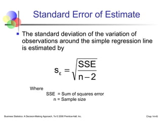Standard Error of Estimate The standard deviation of the variation of observations around the simple regression line is estimated by Business Statistics: A Decision-Making Approach, 7e © 2008 Prentice-Hall, Inc. Chap 14- Where SSE  = Sum of squares error   n = Sample size 