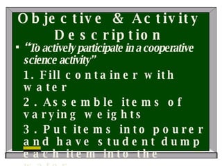 Objective & Activity Description “ To actively participate in a cooperative science activity” 1. Fill container with water 2. Assemble items of varying weights 3. Put items into pourer and have student dump each item into the water 4. Discuss which items sink and which items float   